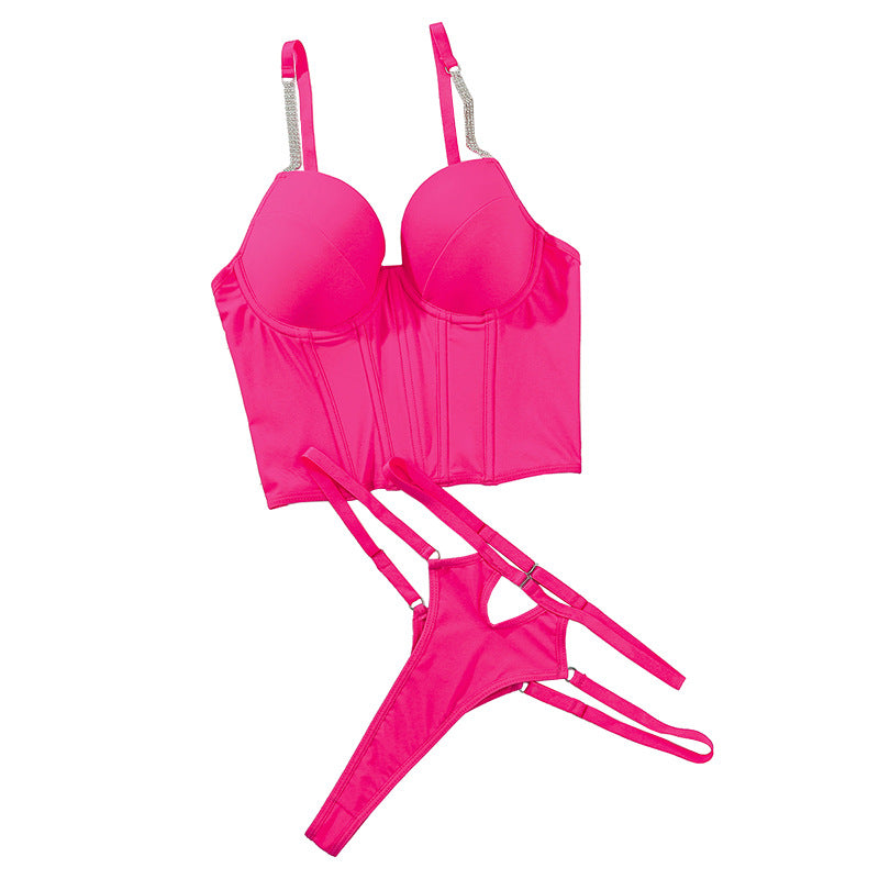 Chain sling top sexy low cut solid color underwear set