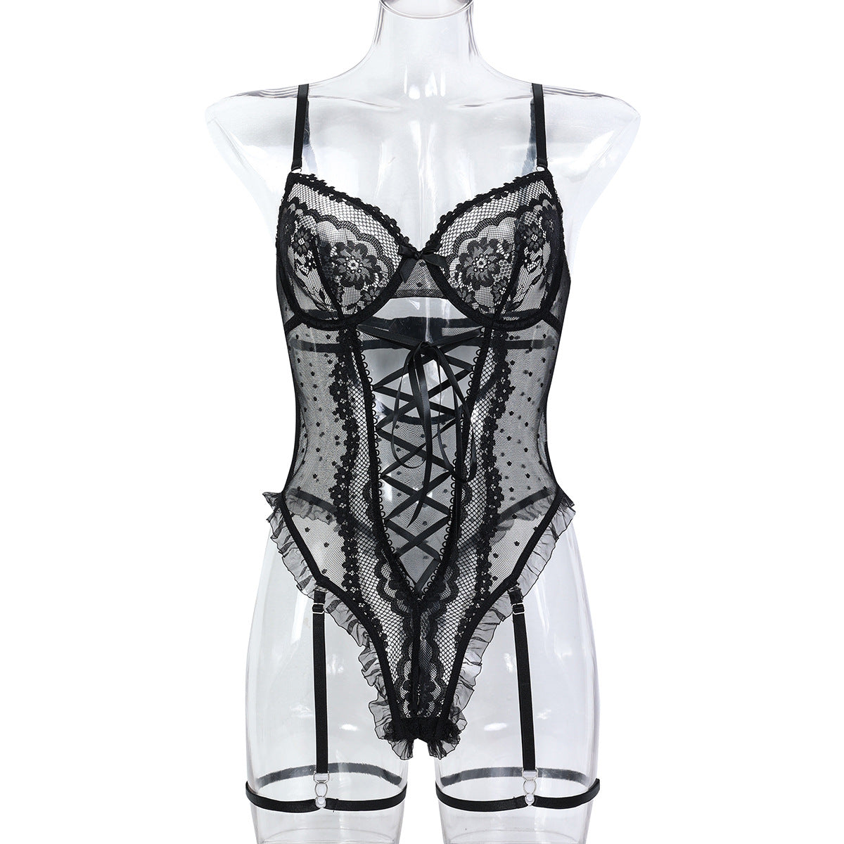 European Women's High-Quality Lace Hollow Cross-Tied Lace-Up Strapless Jumpsuit Sexy Underwear