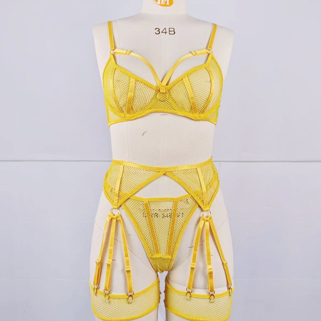 Fishing net hollowed out with steel ring bra see through sexy lingerie set