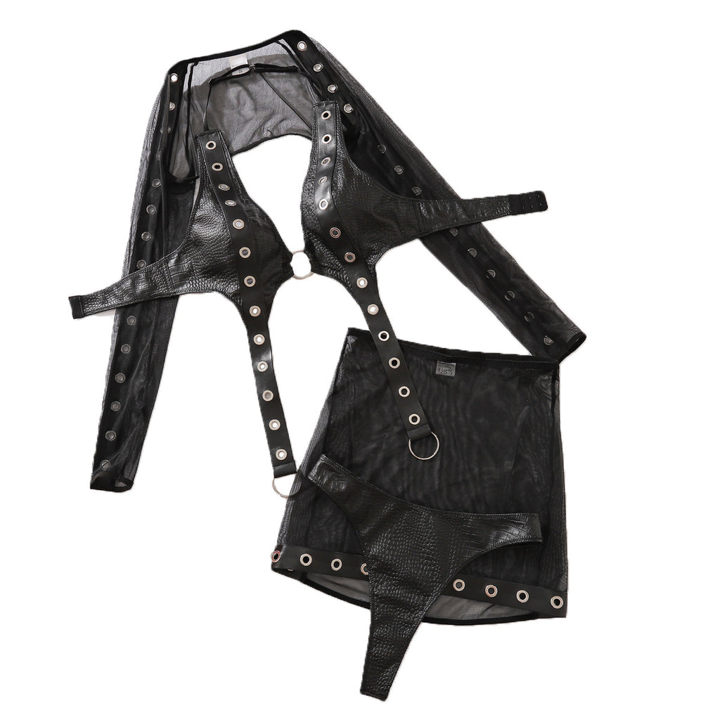 Fashion Splicing Metal Sexy Underwear Bag Hip Skirt Four Piece Set