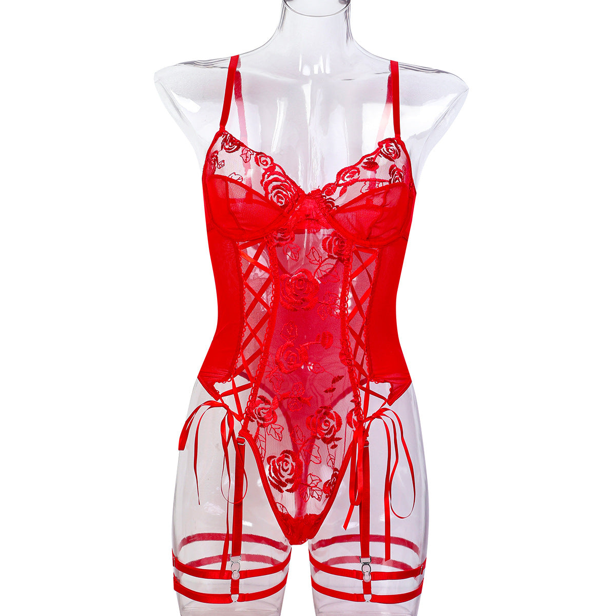 Christmas Valentine's Day Red New Year Sexy Lingerie Rose Flower Embroidery Strap Cross Bodysuit