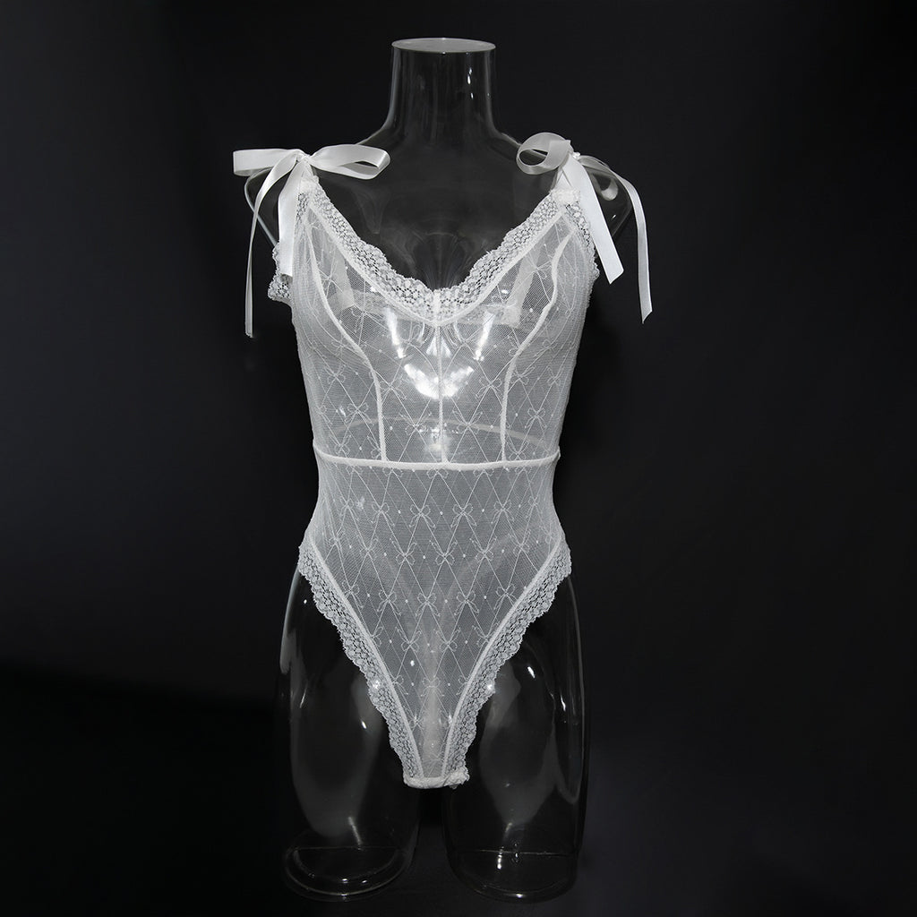 European and American Style Sexy Underwear Thin Soft Elastic Bow Lace Simple Shoulder Strap Open Crotch Bodysuit