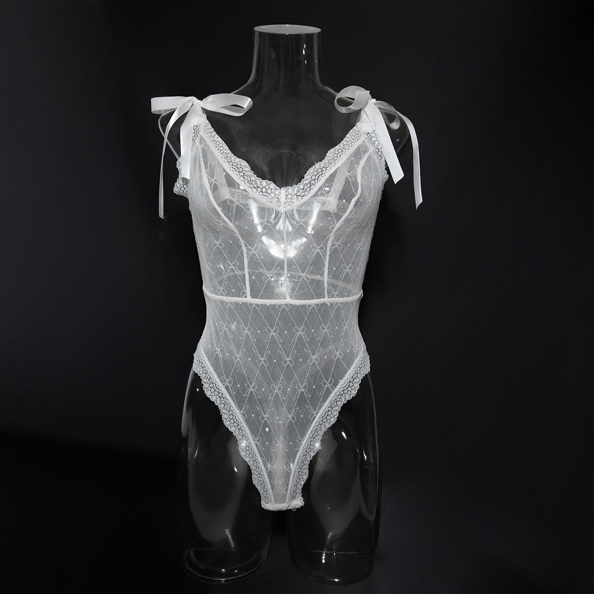 European and American Style Sexy Underwear Thin Soft Elastic Bow Lace Simple Shoulder Strap Open Crotch Bodysuit
