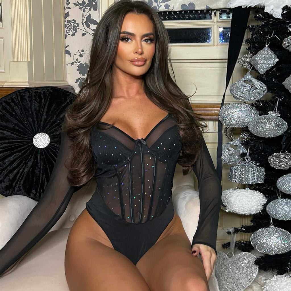 Black Classic Women's Dotted Glitter Long Sleeve Jumpsuit European and American Style