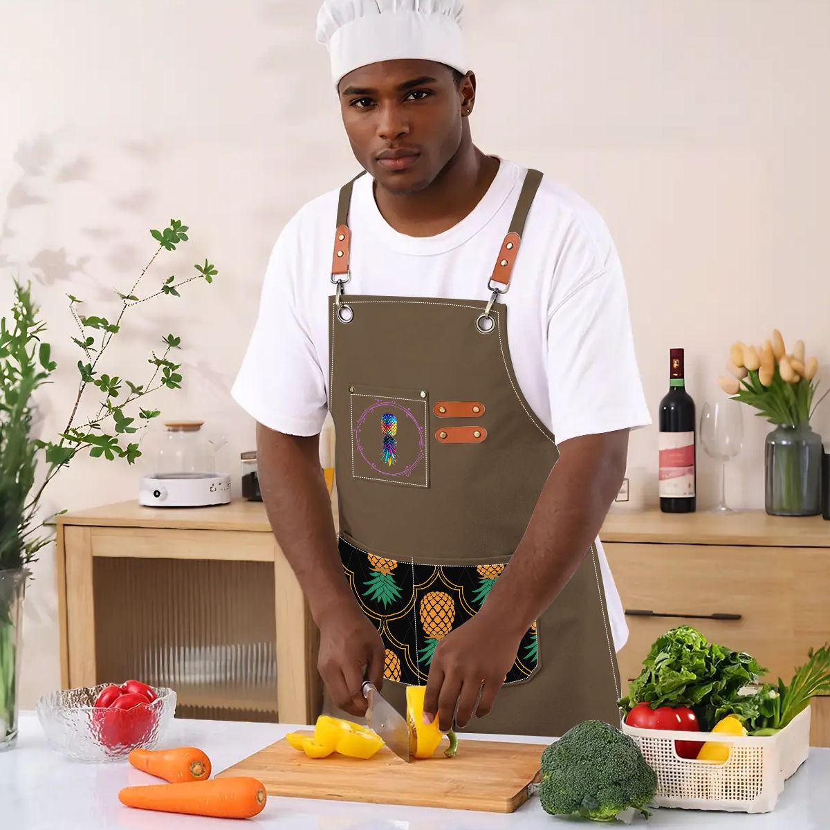 Upside Down Pineapple Unisex Canvas Cross Back Apron with Pockets