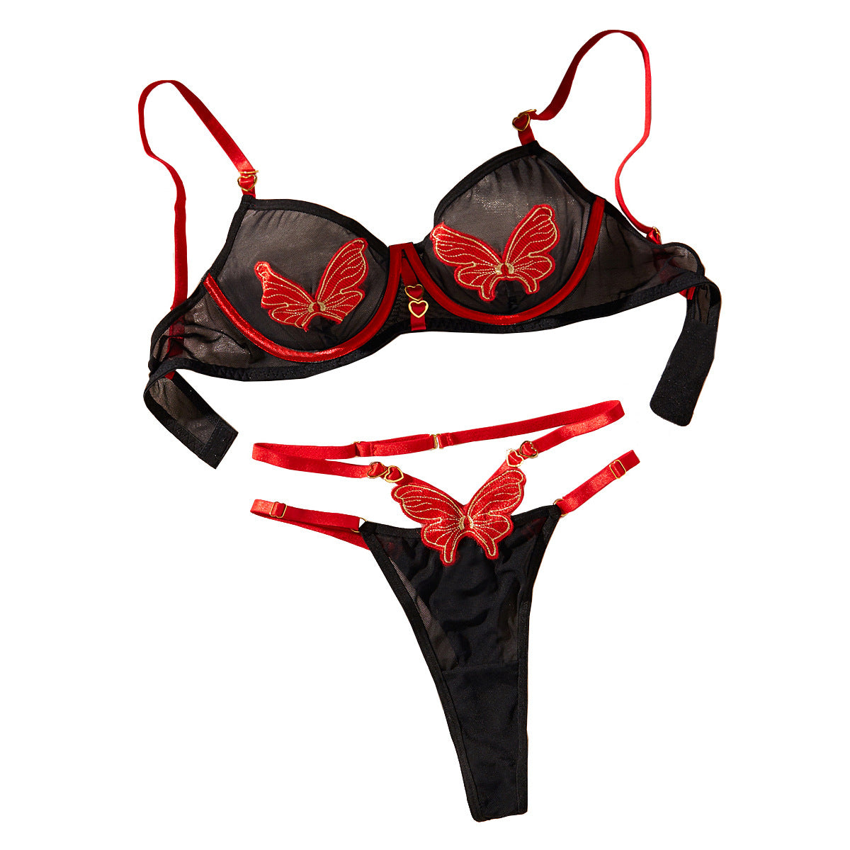 Butterfly embroidery sexy mesh contrasting color lingerie set