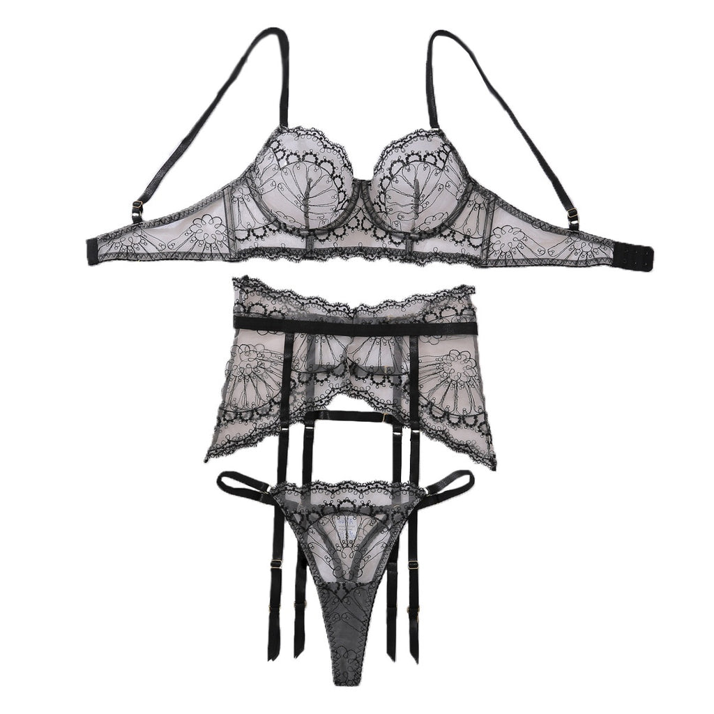 Fashionable and sexy heavy craft bra set see through mesh slim fit and fun lingerie underwear three piece set