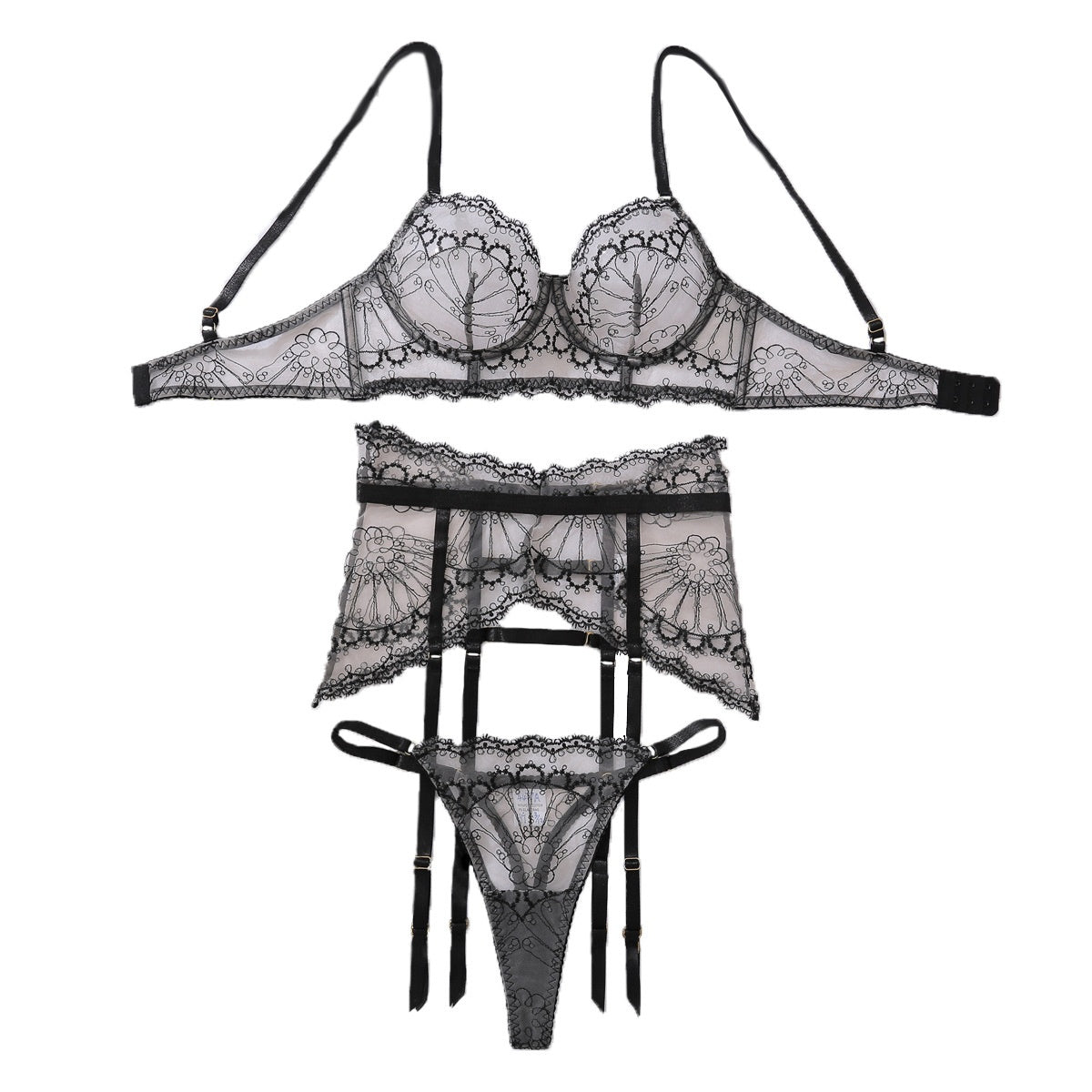 Fashionable and sexy heavy craft bra set see through mesh slim fit and fun lingerie underwear three piece set