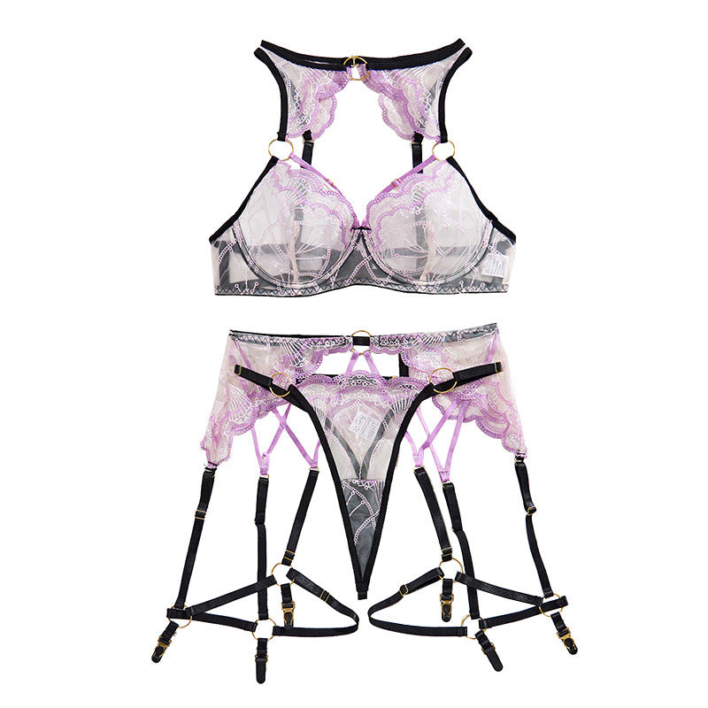 Black purple contrasting perspective embroidery heavy industry sexy lingerie set