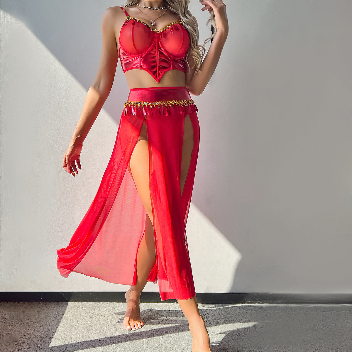 European and American Style Costume Dressing Party Red High-Waisted Slit Sheer Skirt Three-Piece Set Women's Lingerie