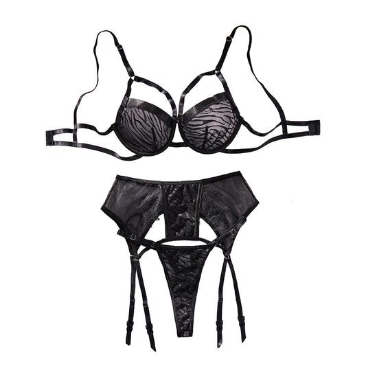 Zebra Pattern Splicing Embroidered Mesh Sexy Hollow Three Piece Set