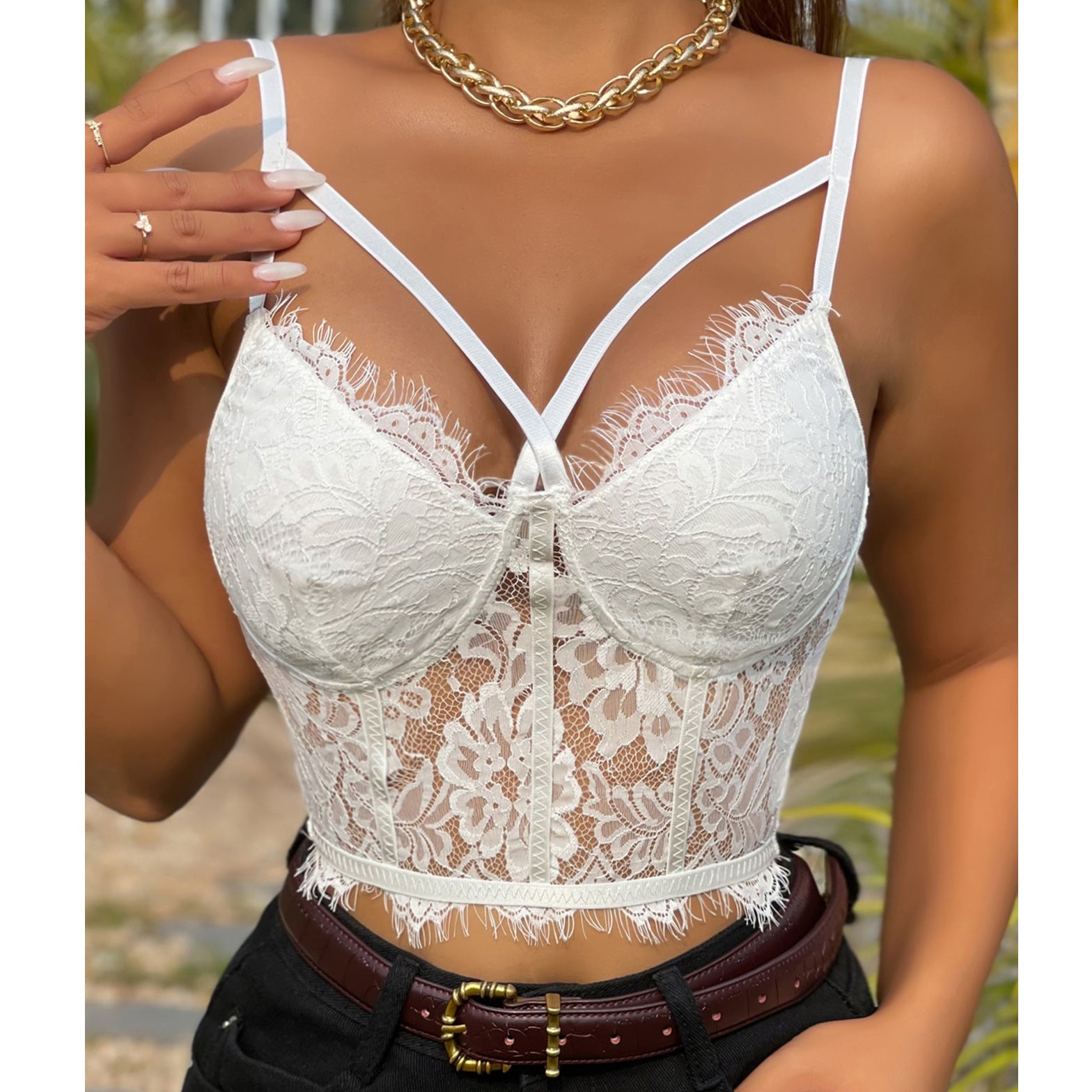 Cross-border  Women's Sexy Lace Slim Transparent Spaghetti Strap Bralette