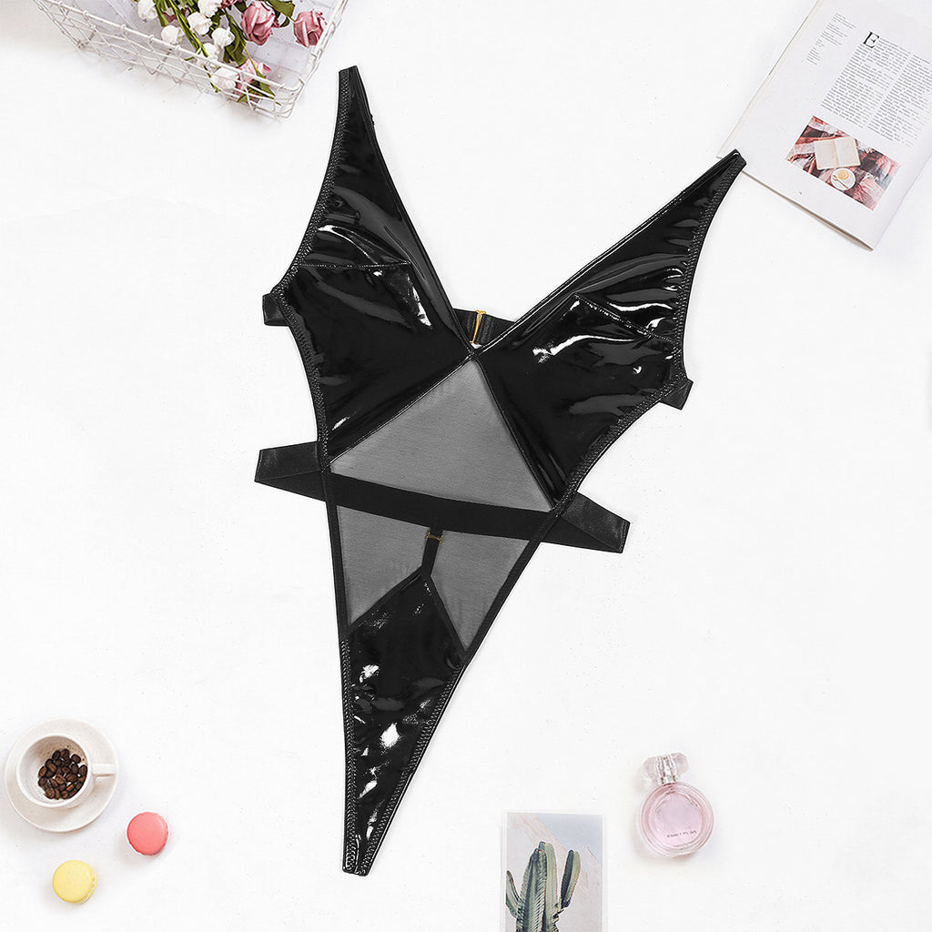 Fashionable leather fabric spliced mesh sexy deep V backless perspective sexy jumpsuit