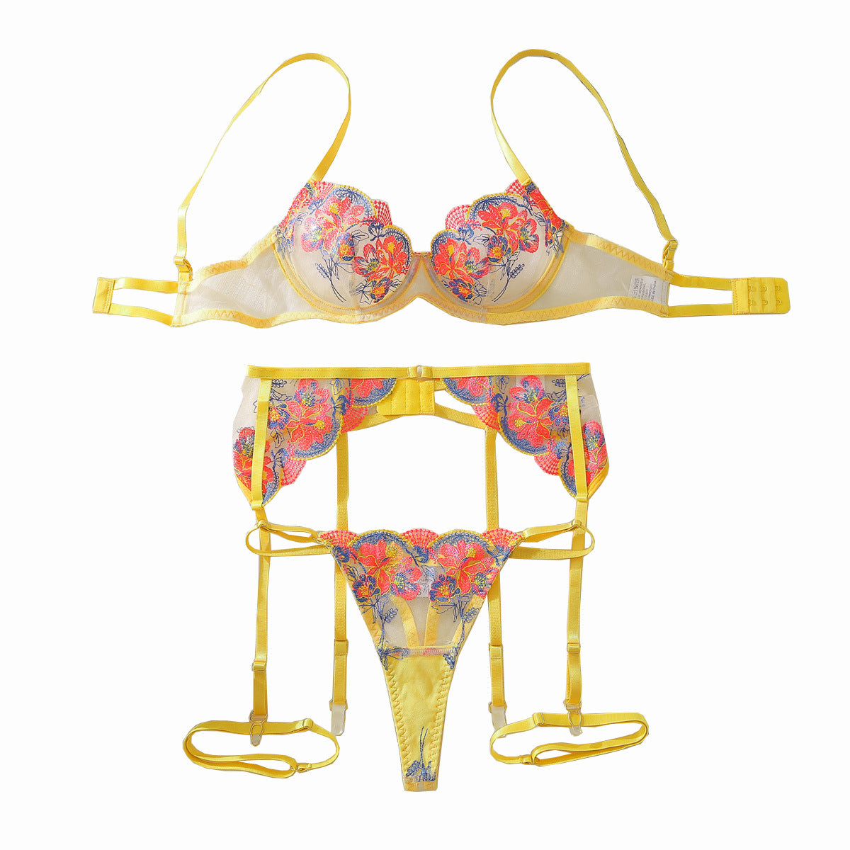 Color blocking embroidery flower sexy bra four piece set sexy lingerie underwear set