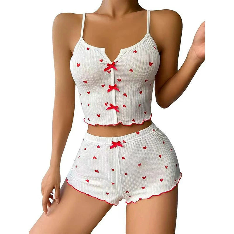 Sexy Heart Print Color Block Sleepwear Set with Front Slit and Strap Design