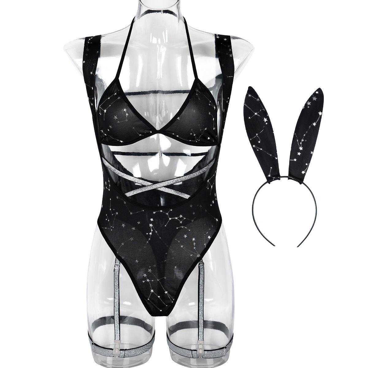 Bunny Girl Cosplay Role-Playing Women's Dark Silver Flash Hollow-Out Performance Costume Lingerie