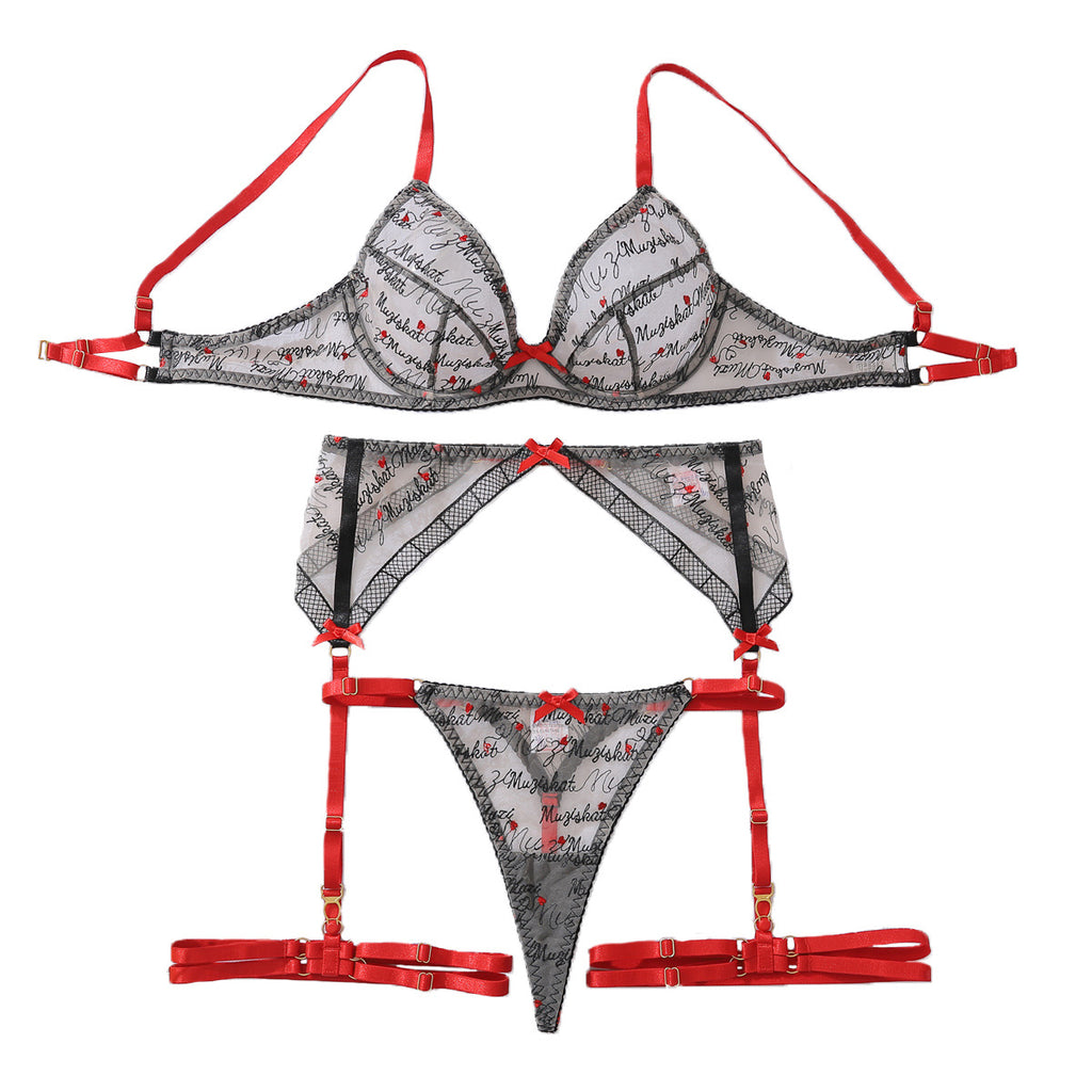 Bow decoration heart-shaped letter embroidery body shaping adjustment sexy lingerie split set