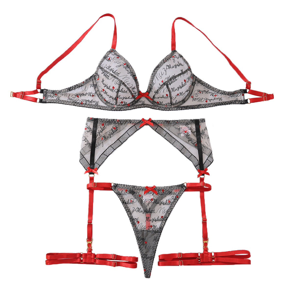 Bow decoration heart-shaped letter embroidery body shaping adjustment sexy lingerie split set