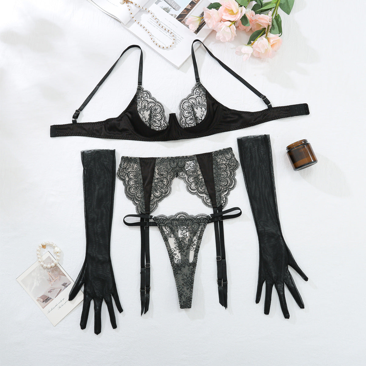 European and American Style Sexy Lingerie Set Transparent Lace Embroidery Eyelash Edge Teasing Bra