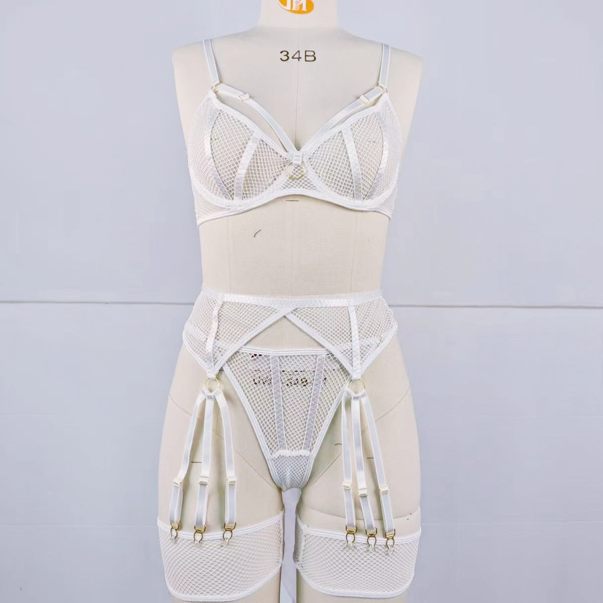 Fishing net hollowed out with steel ring bra see through sexy lingerie set