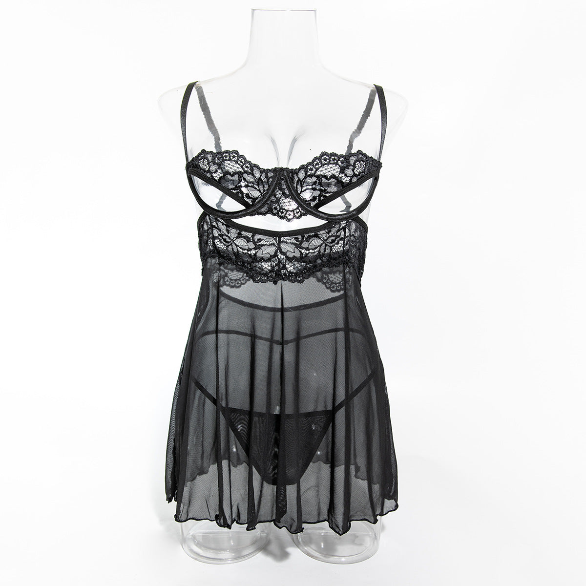 Erotyc European and American Style Hollow-out Sling Nightgown Two-piece Set Thong Transparent Women's Underwear