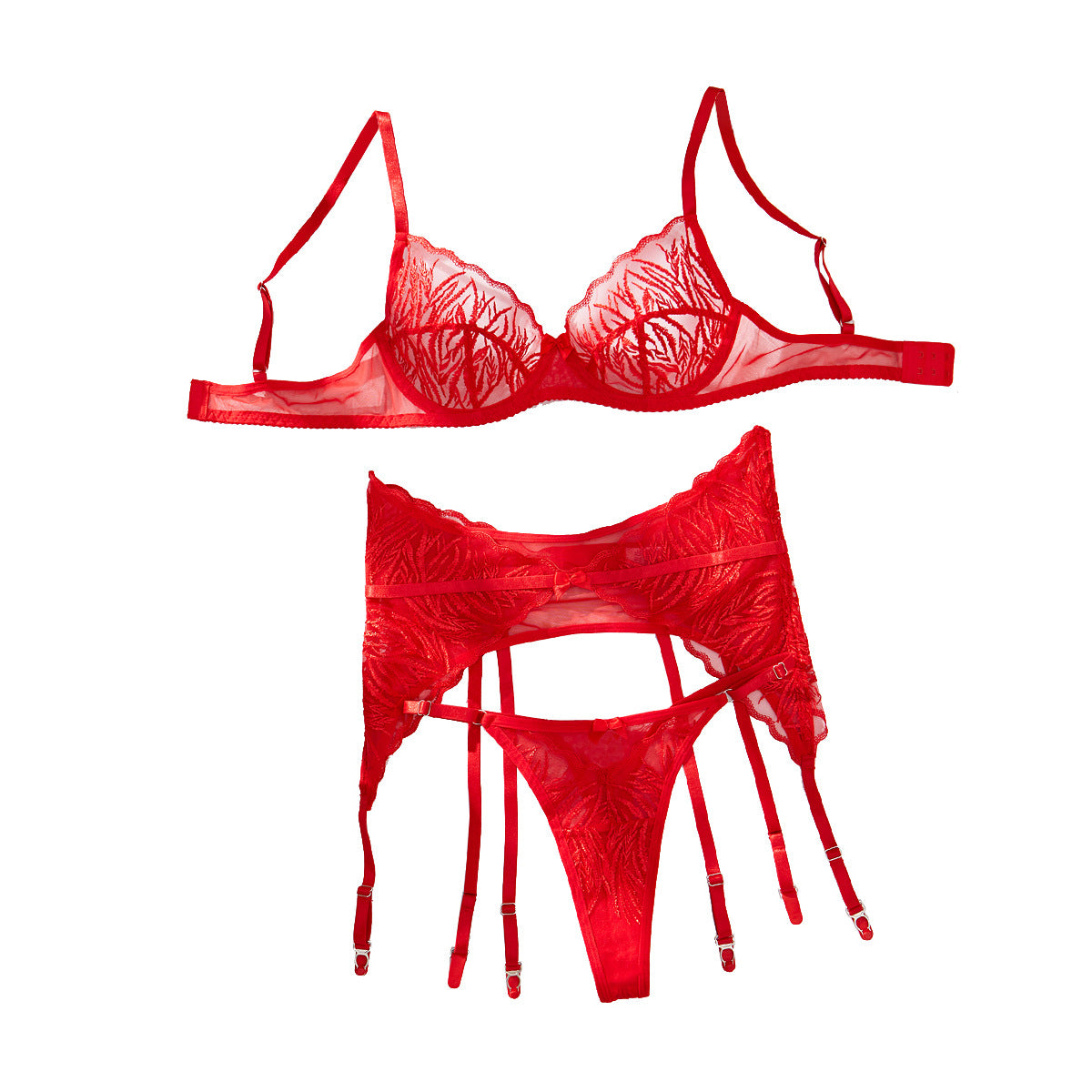 Embroidered mesh splicing sexy lingerie garter belt fun three piece set