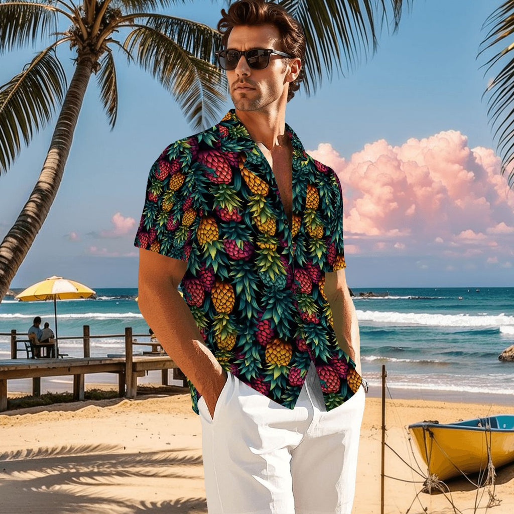 Upside Down Pineapple Shirt, Swinger Shirt, Wicked Lifestyles, Beach Shirt, Man by oceanside with white pants on and colorful pineapple shirt on.