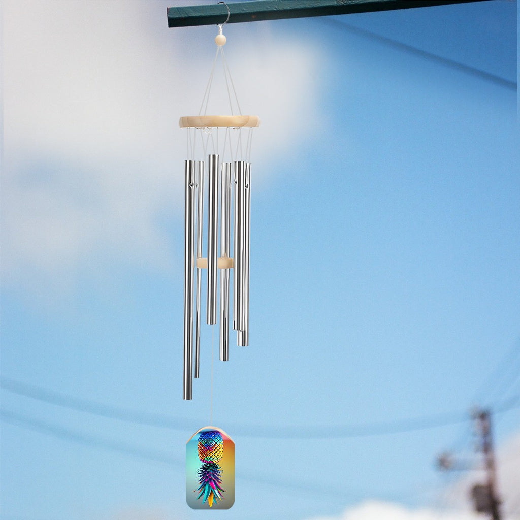 Colorful Upside Down Pineapple wind chime with silver chimes hanging outside of a structure.