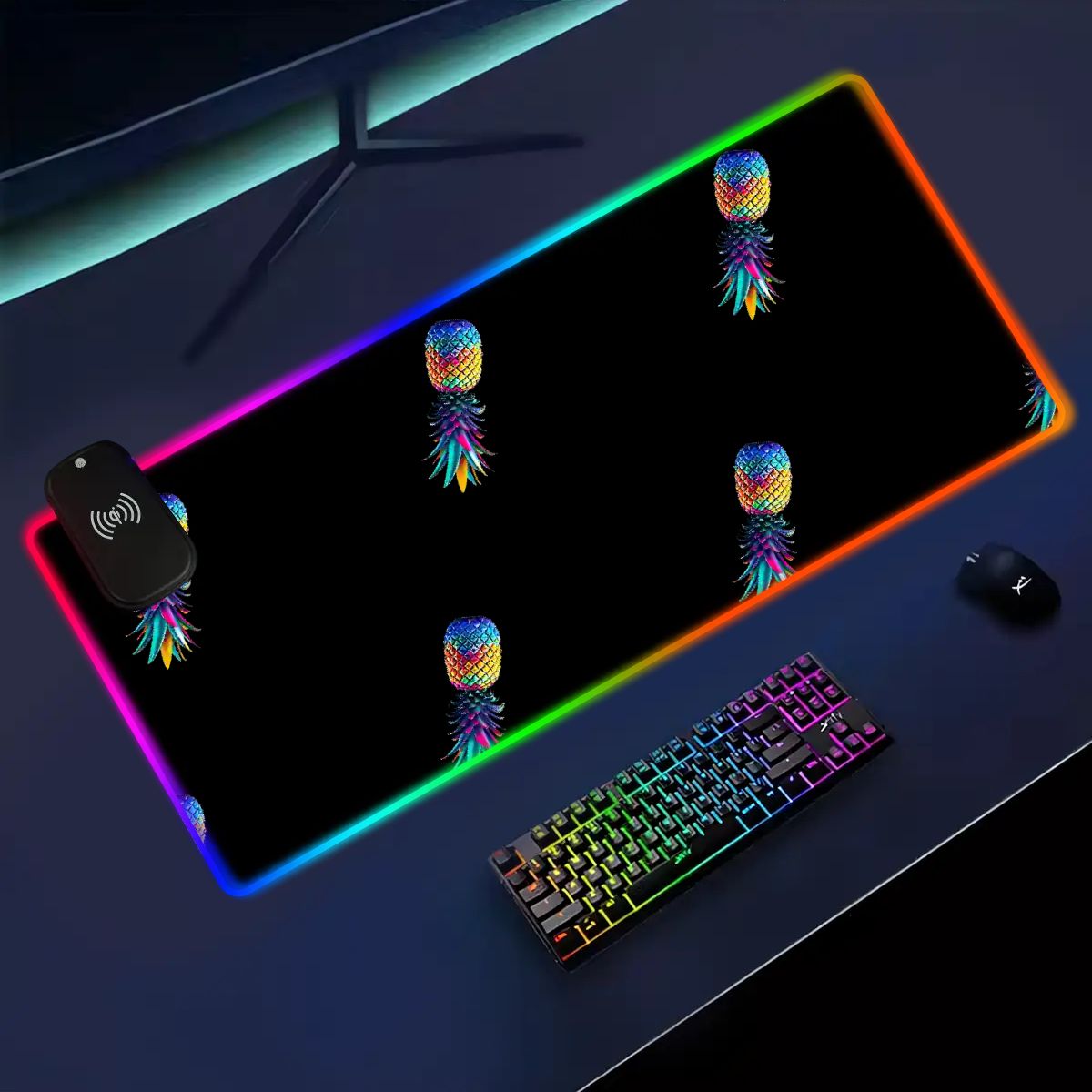 Wireless charging mousepad that is lit up around it with a colorful upside down pineapple on it, laying on a desk.