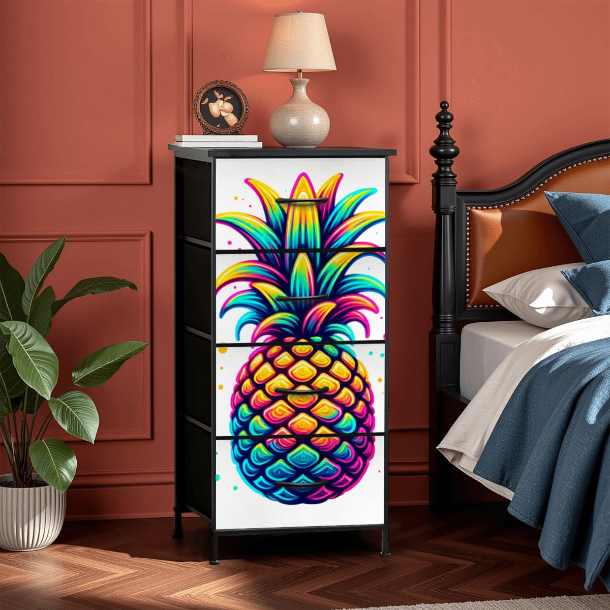Colorful Pineapple 4 drawer desk next to a bed in a bedroom.