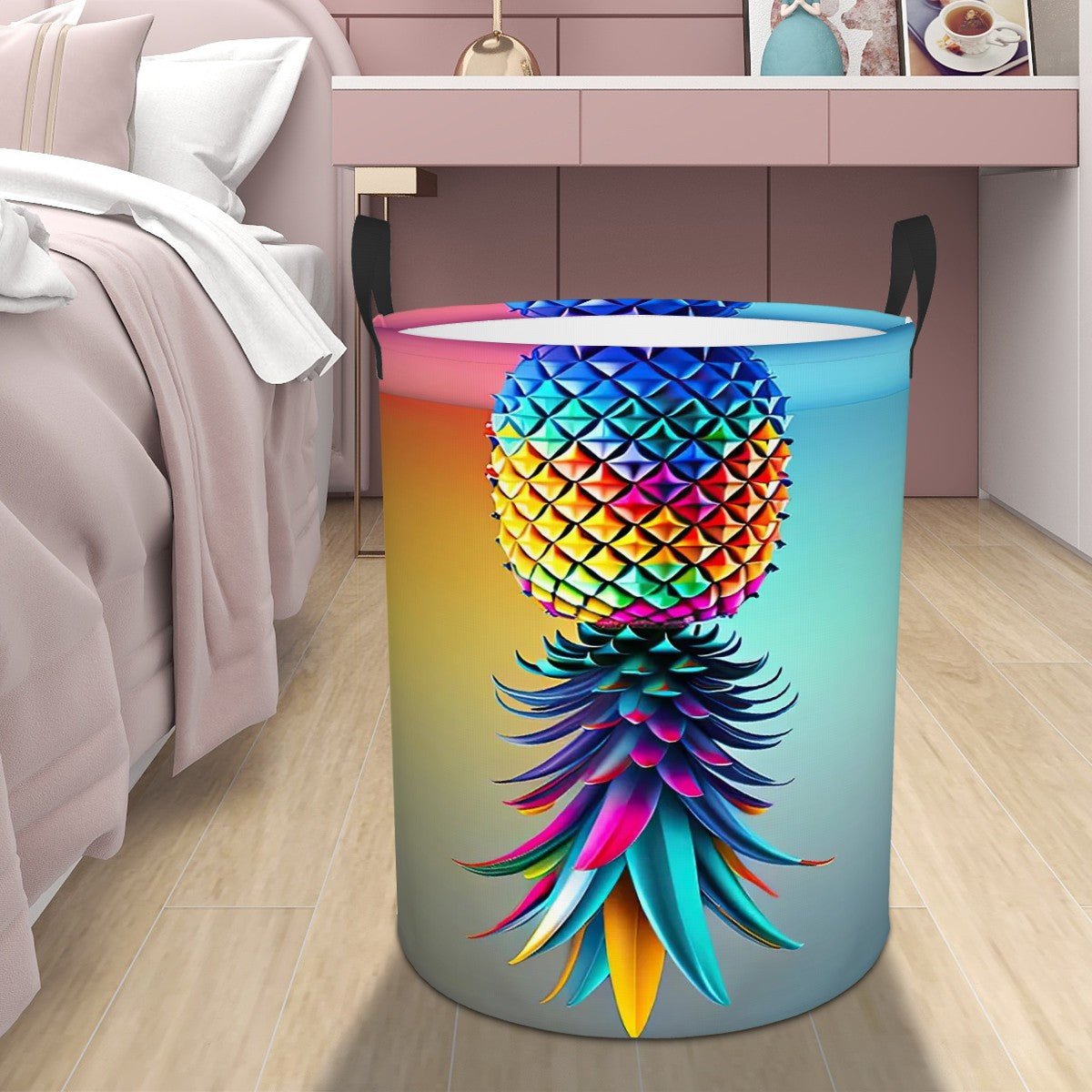 Colorful upside-down pineapple laundry basket sitting in a room next to a bed signifying the swinger lifestyle.