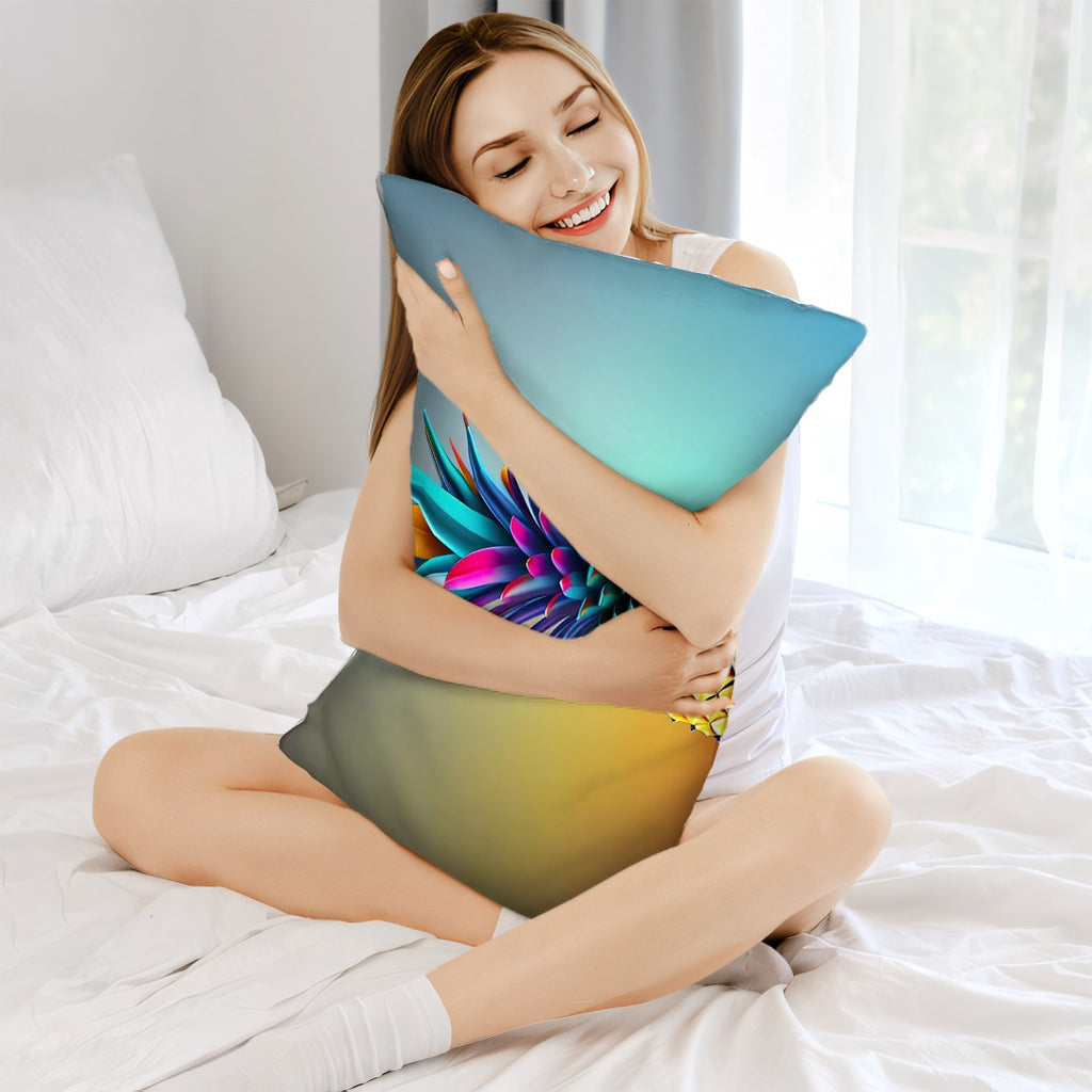 Woman sitting on bed holding a colorful upside down pillow, smiling and seems to be enjoying her time with the pillow.