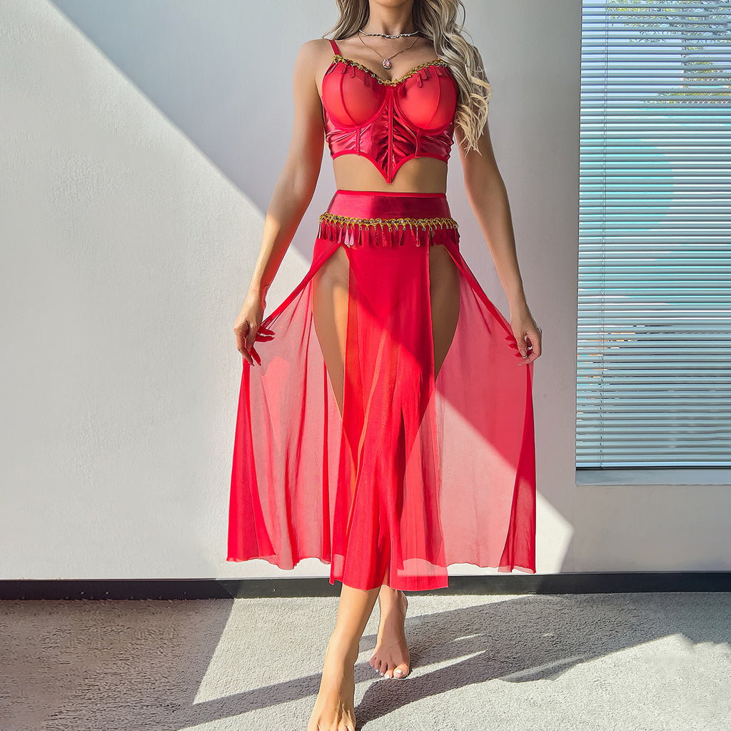 European and American Style Costume Dressing Party Red High-Waisted Slit Sheer Skirt Three-Piece Set Women's Lingerie