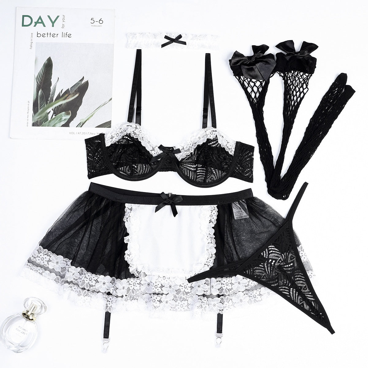 Black and White Lace Color Block Multi-layer Ruffle Sexy Maid Uniform Set with Fishnet Stockings 5-piece Set