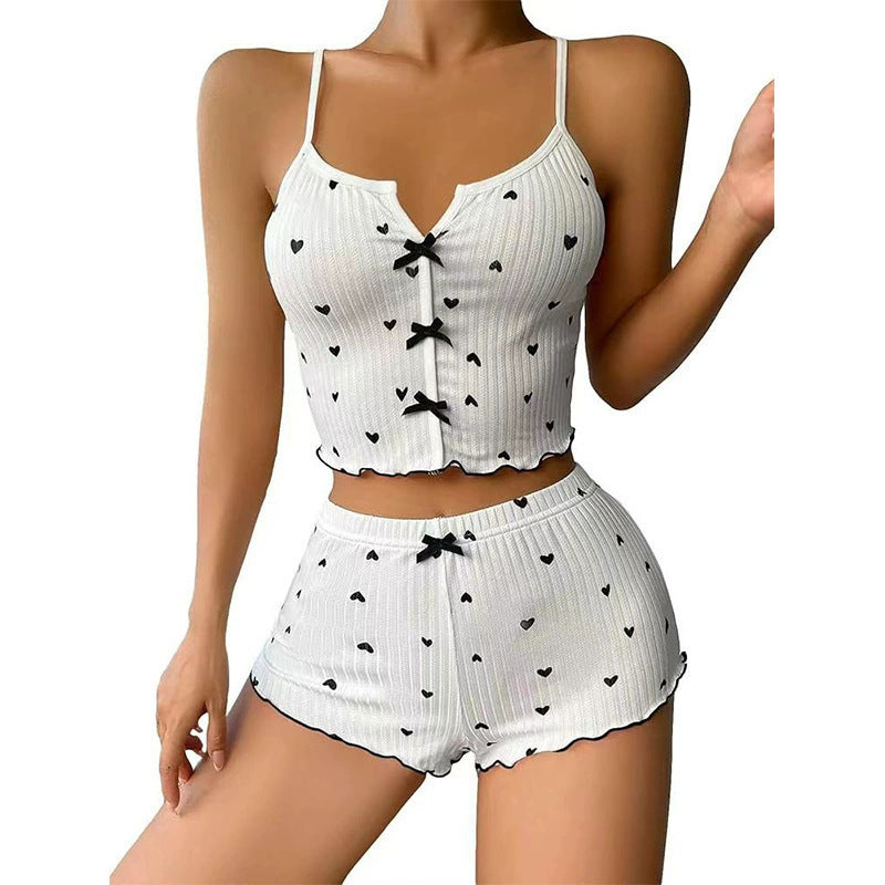 Sexy Heart Print Color Block Sleepwear Set with Front Slit and Strap Design