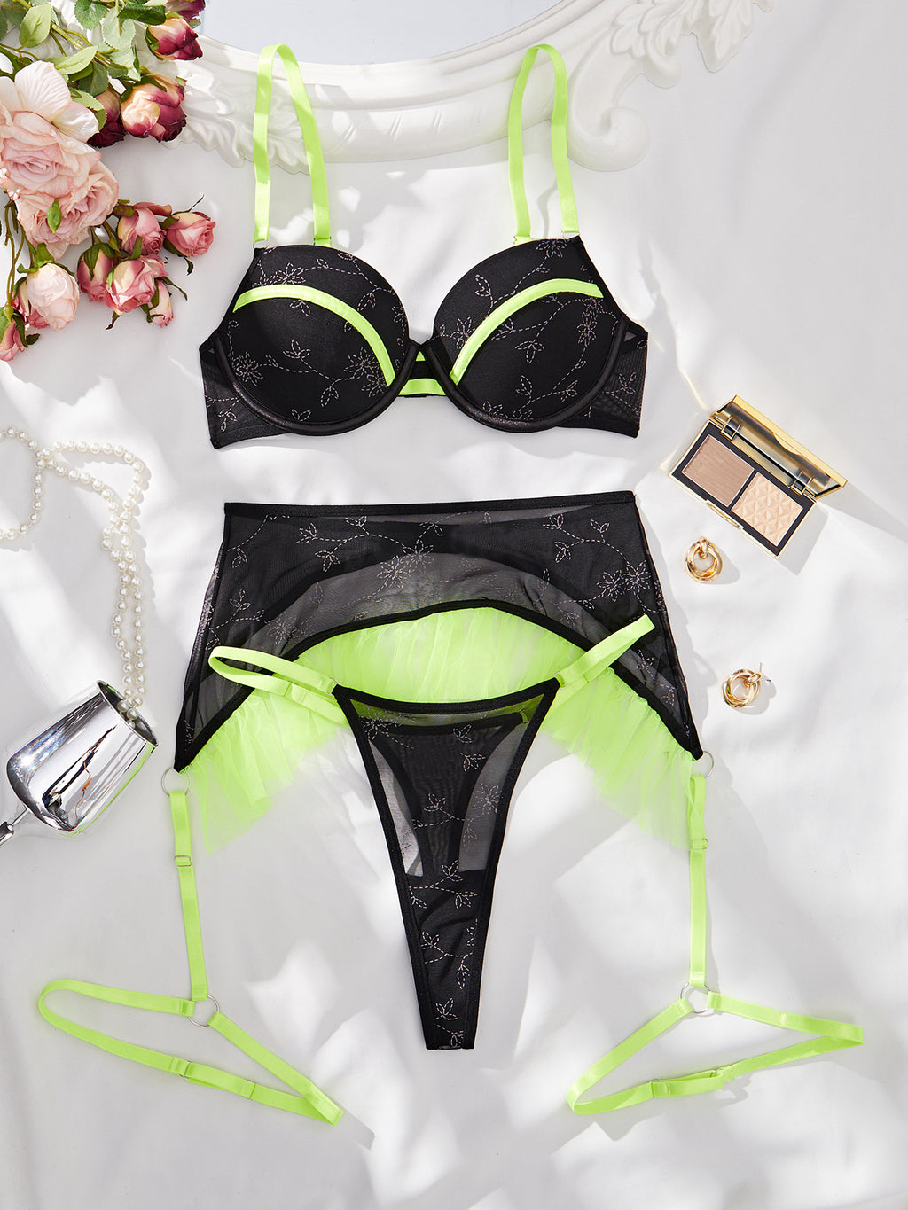 Color blocking perspective mesh sexy lingerie garter belt three piece set