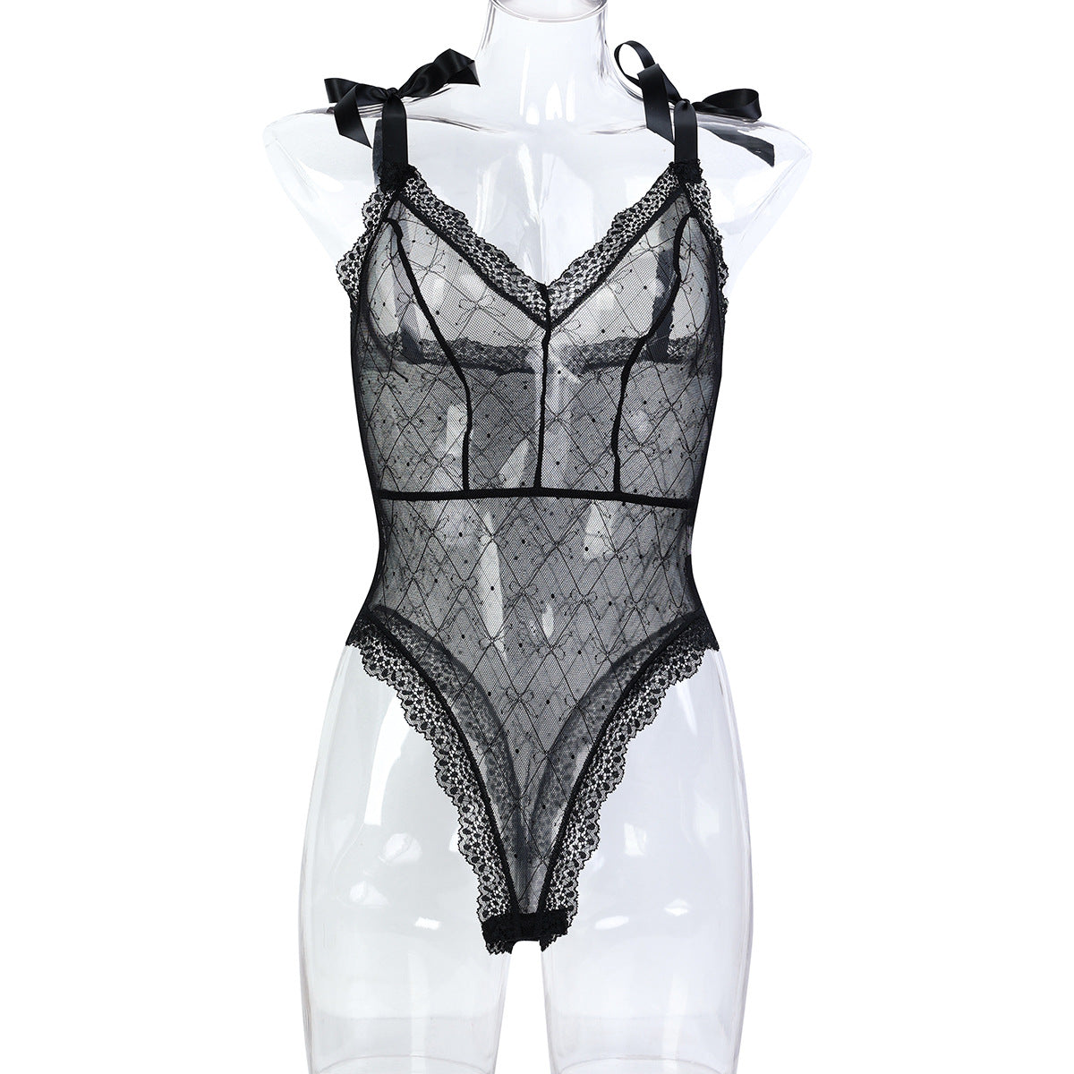 European and American Style Sexy Underwear Thin Soft Elastic Bow Lace Simple Shoulder Strap Open Crotch Bodysuit