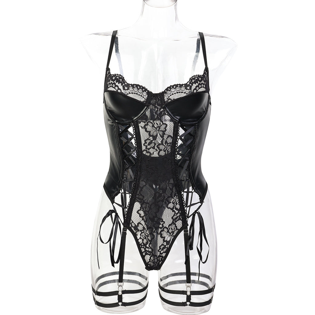 Black Lace Strap Bow Splicing PU Leather Sexy Fitted Jumpsuit Women