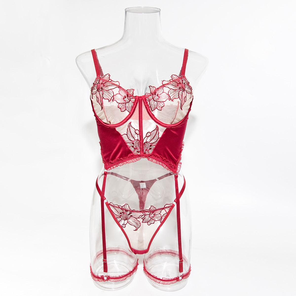 European and American Style Embroidered Floral Color Block Stretchy High-End Two-Piece Set Women's Underwear