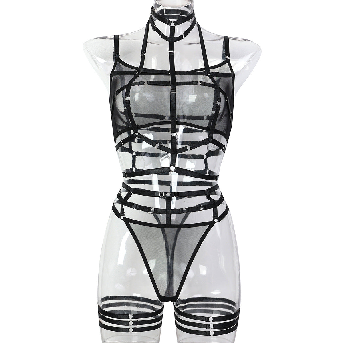European and American Women's Complex Strap Crossed Halter Sexy Mesh Transparent Underwear Three-Piece Set