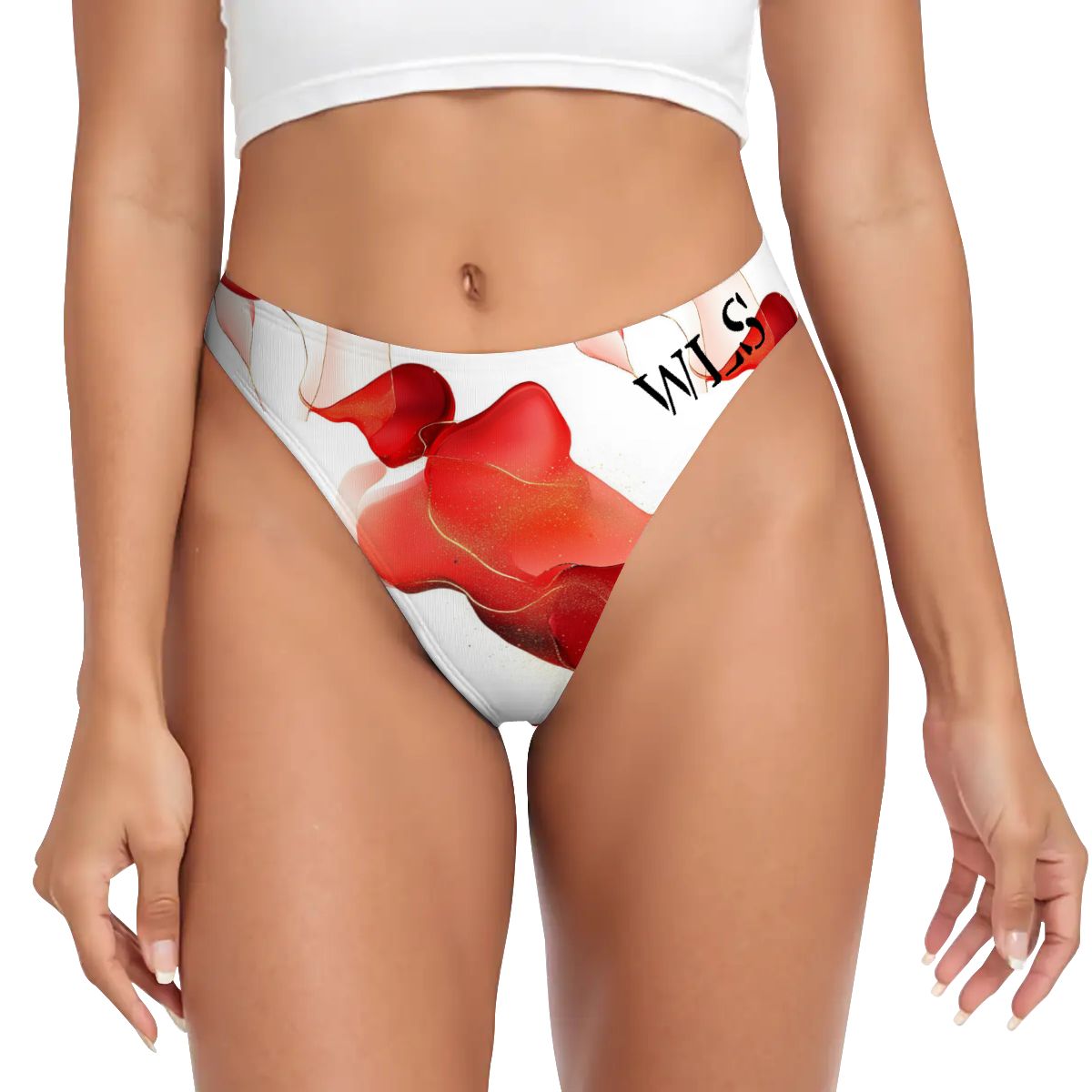 Woman wearing Wicked Lifestyles Red Floral inspired thongs. The thongs are white with red alcohol infused pattern across the front and back of the thongs. 