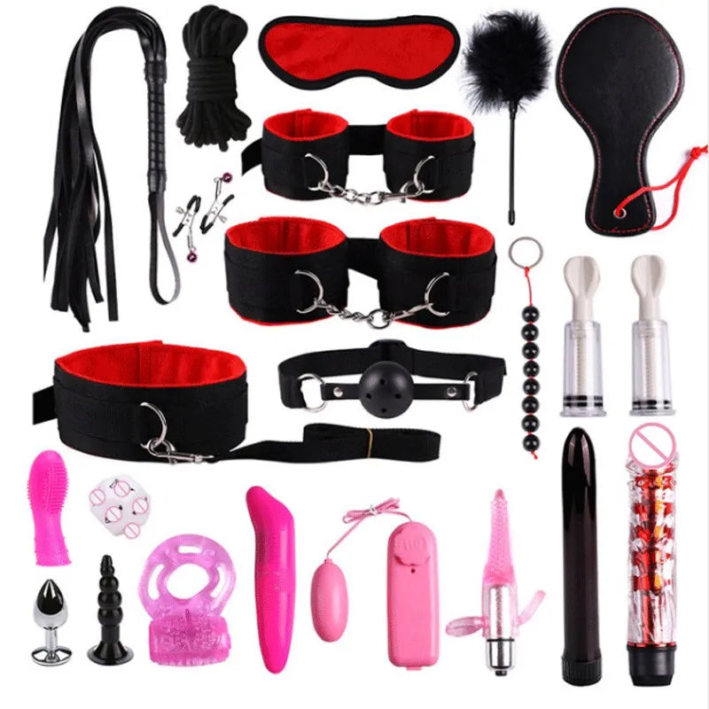 BDSM kit that has everything someone in the BDSM community would enjoy as a beginner. Things included is a flogger, Shibari rope, nipple clamps, Handcuffs, blindfold, mouth gag (ball gag), anal beads, paddle, anal plug, different types of vibrators.