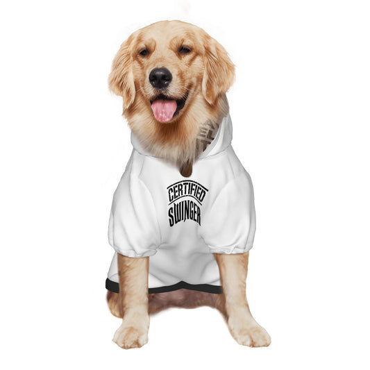 Dog wearing a swinger inspired pet hoodie. Swinger inspired merchandise.  Wicked Lifestyles store. 