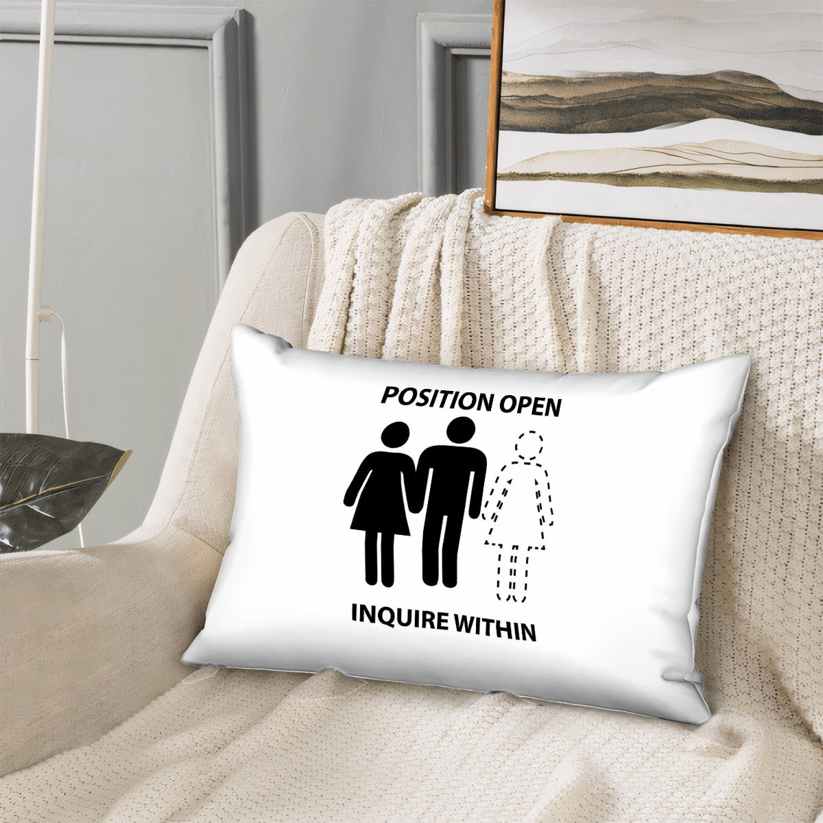 White pillowcase with black Position Open, Inquire Within on the pillowcase. There is one female and one male image holding hands in solid black, and one woman image with dotted lines.