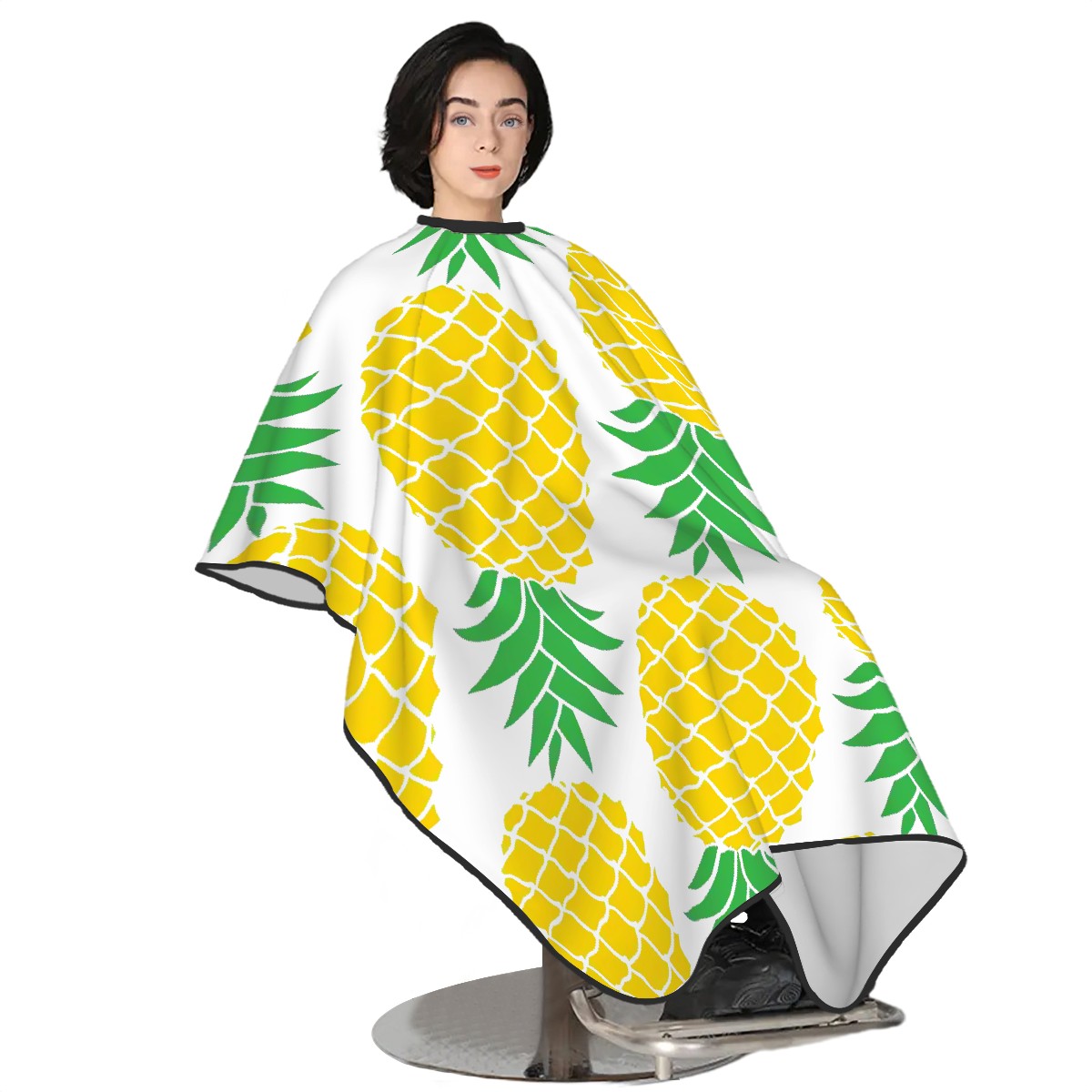 Wicked Lifestyles, Wicked Lifestyles blog, Upside down pineapple hair cutting cape. A woman sitting in a barber chair wearing an upside down pineapple hair cutting cape.
