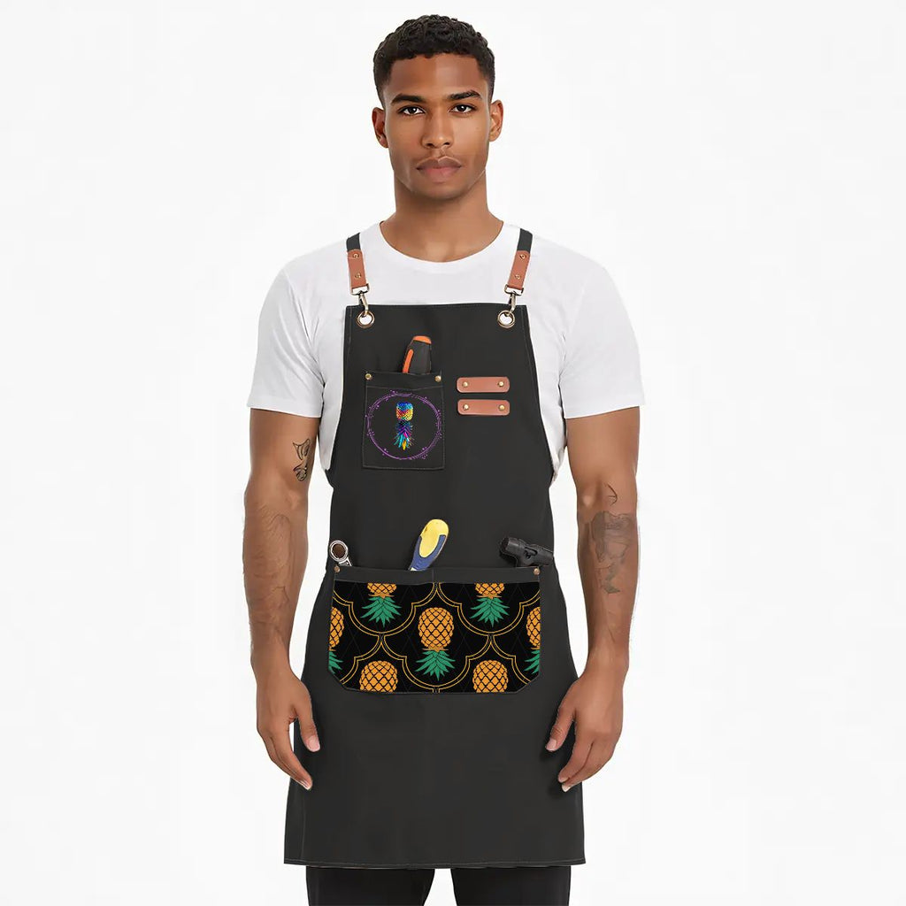 Wicked Lifestyles, Swinger Apron, Upside Down Pineapple Apron. Man wearing an apron.