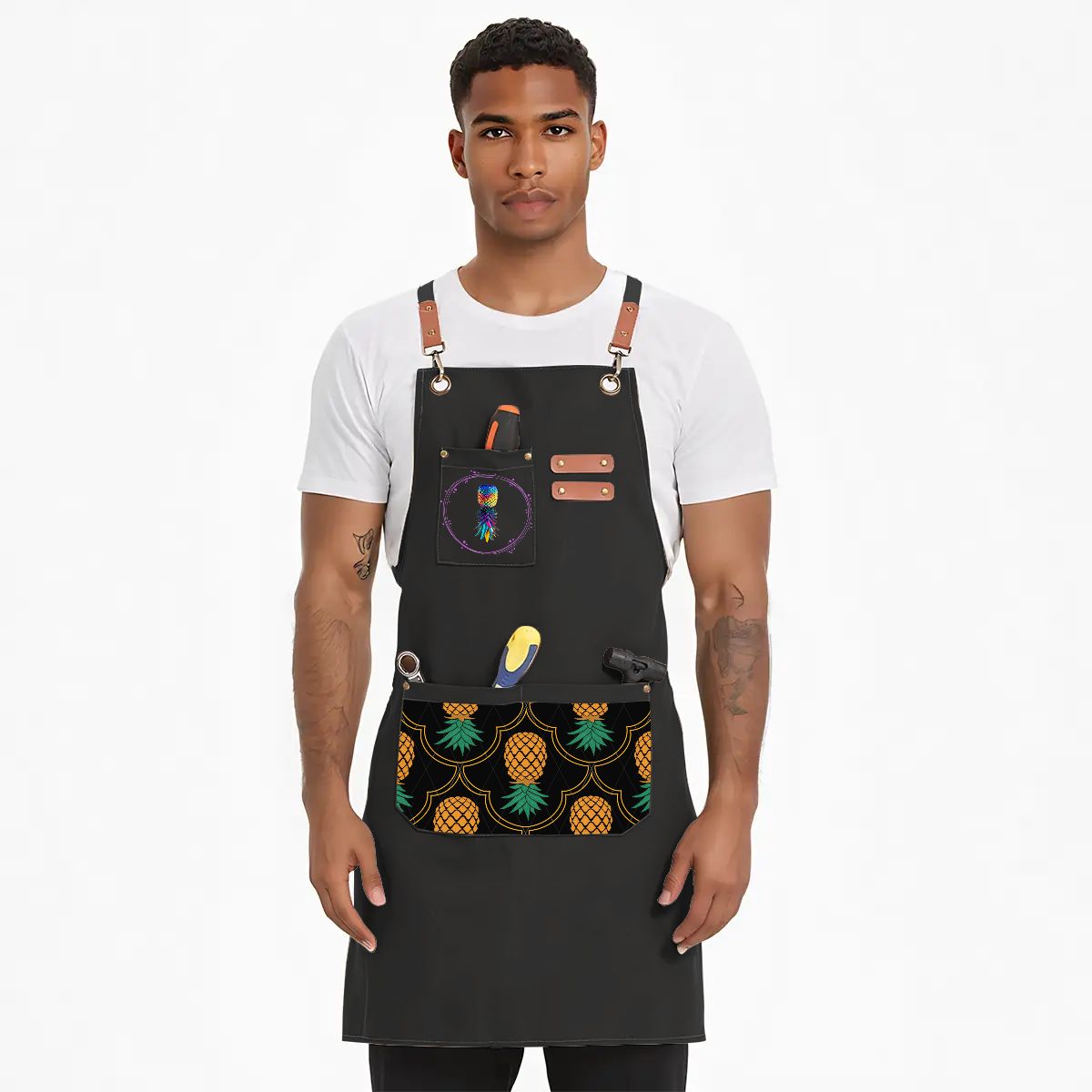 Wicked Lifestyles, Swinger Apron, Upside Down Pineapple Apron. Man wearing an apron.