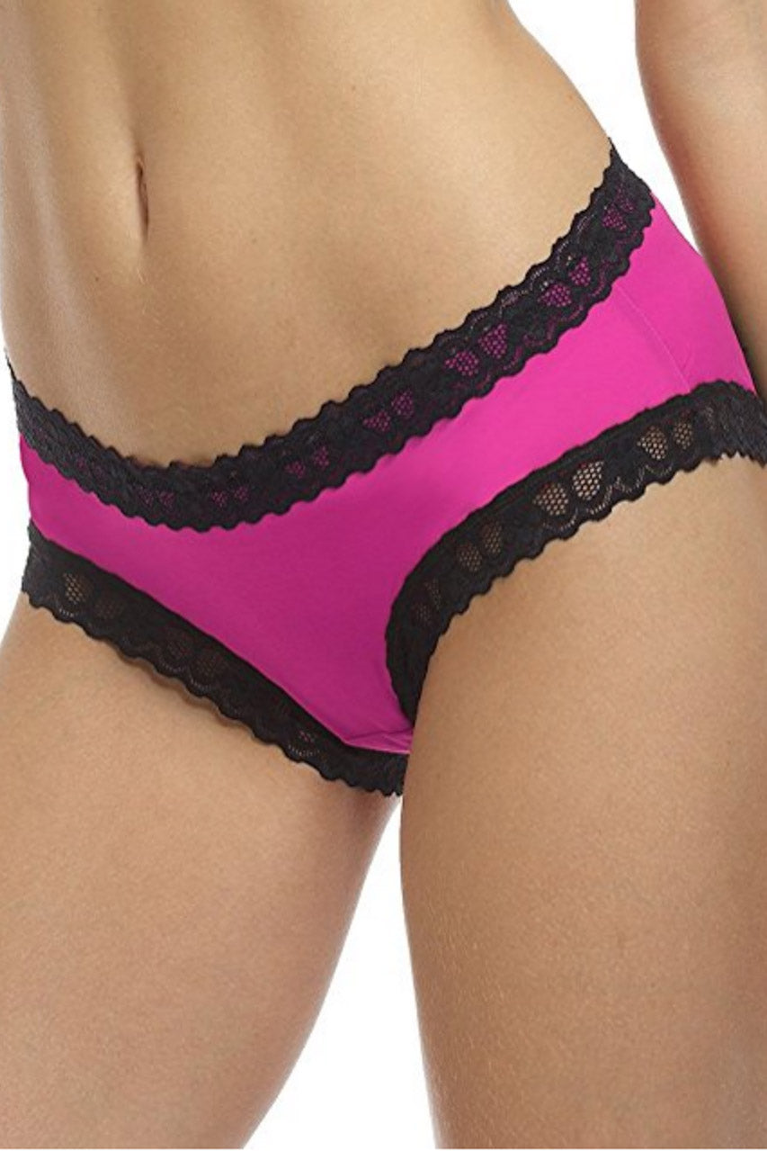 Pink underwear with black lace trim on a white background