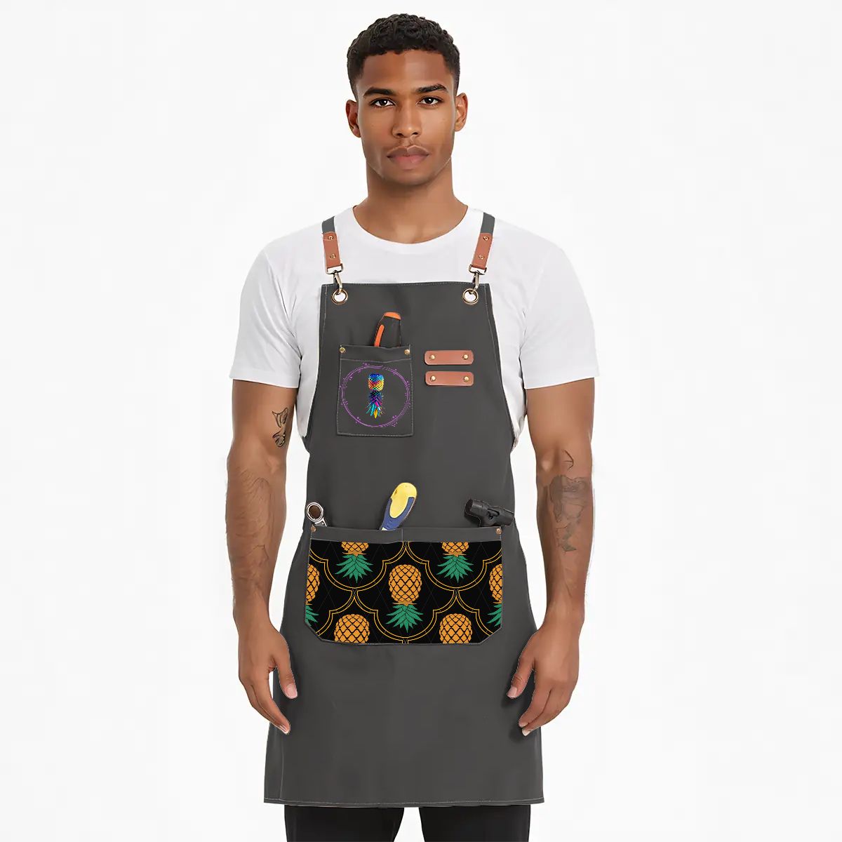 Upside Down Pineapple Unisex Canvas Cross Back Apron with Pockets
