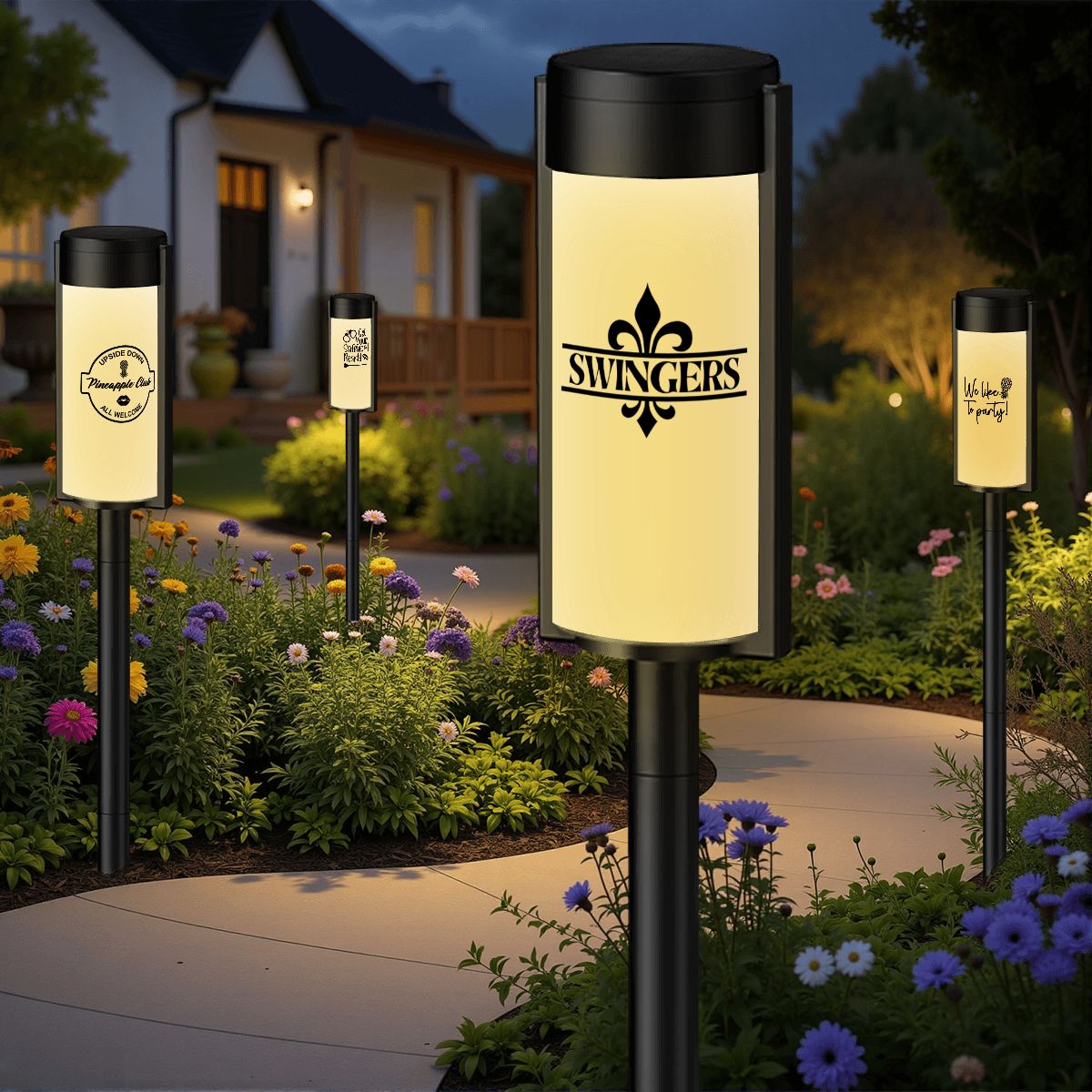 Solar-powered garden lights with 'Swingers' branding in a garden setting.
